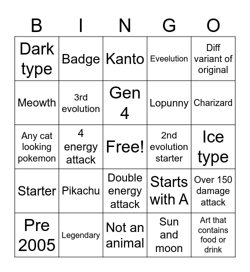 Pokemans Bingo Card