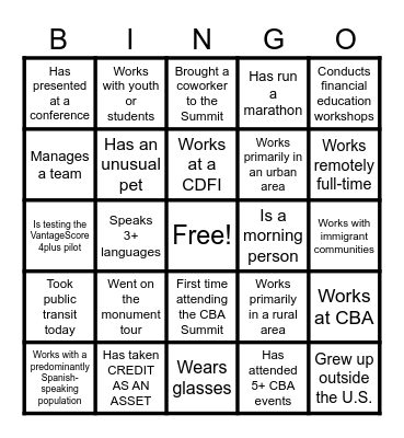 CBA SUMMIT 2025: BINGO Card