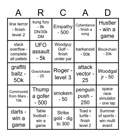 Arcade Paradise Bingo Card