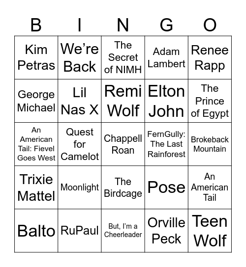 Pop-Culture Pride & Non-Disney Animated Films Bingo Card