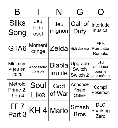 Bingo du Summer Game Fest Bingo Card