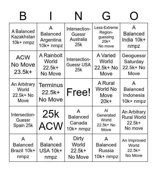 Geoguessr Challenges Bingo Card