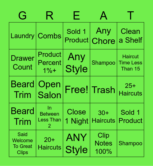 Great Clips Bingo Card