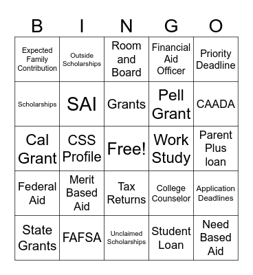 Financial Aid Bingo Card