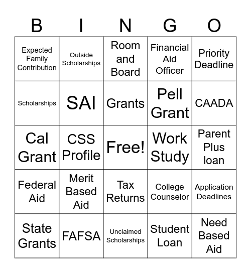 Financial Aid Bingo Card