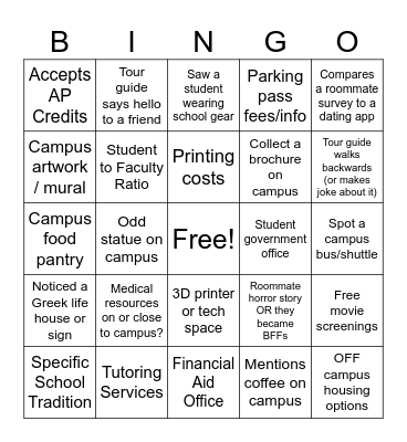 COP College Tour Bingo Card
