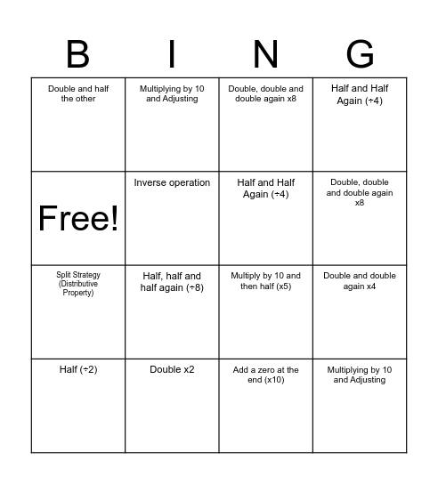 Year 4 - Mental Multiplication / Division Bingo Card