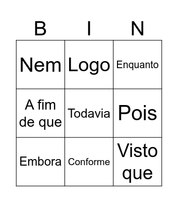 Bingo Conjunções coordenativas e Subordinativas Bingo Card