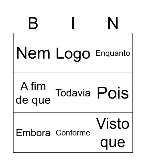 Bingo Conjunções coordenativas e Subordinativas Bingo Card