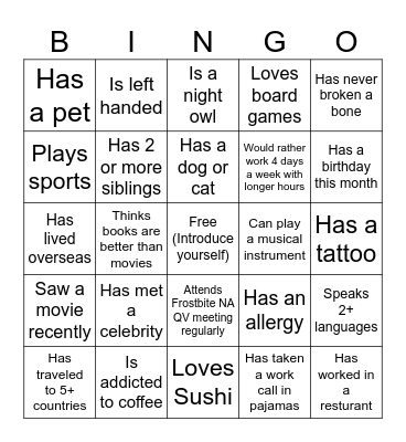 Ice Breaker Frostbite Bingo Card