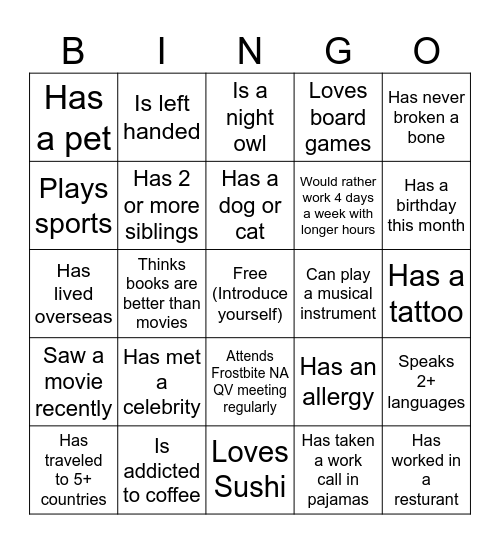 Ice Breaker Frostbite Bingo Card