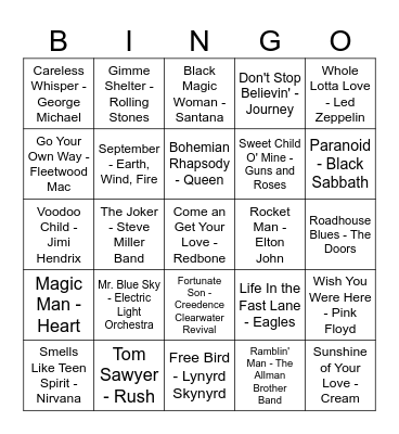 Classic Hit's Bingo Card