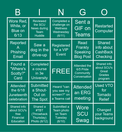 Scott Credit Union Bingo Card