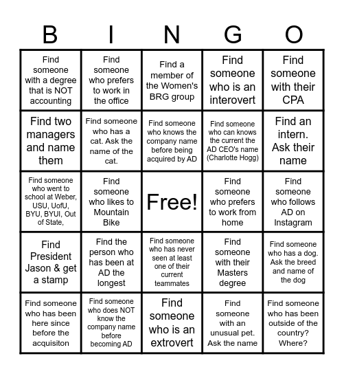 Speed Networking Bingo Card