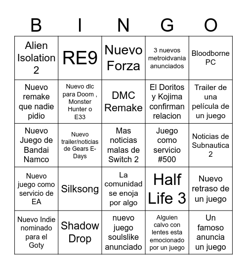 No E3 Bingo Card