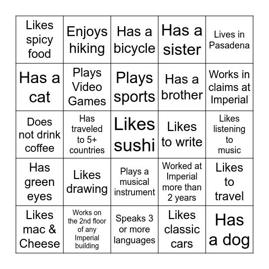 Find a Co Worker who... Bingo Card