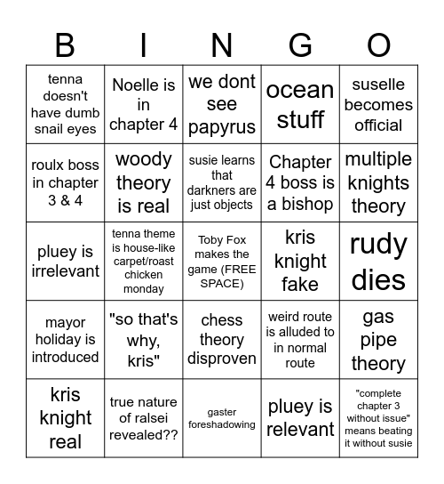 Elliot's Deltarune Bingo Card