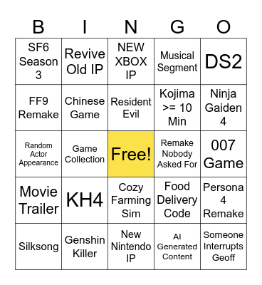 Summer Game Fest 2025 Bingo Card