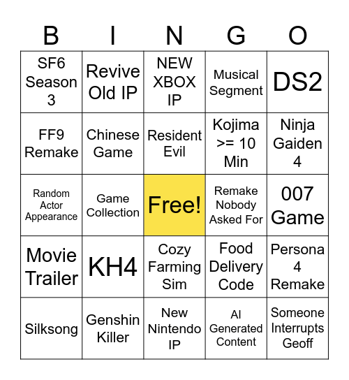 Summer Game Fest 2025 Bingo Card
