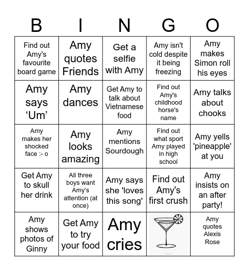 Amy Bingo Card