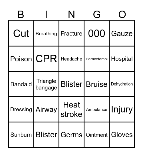 First aid Bingo Card