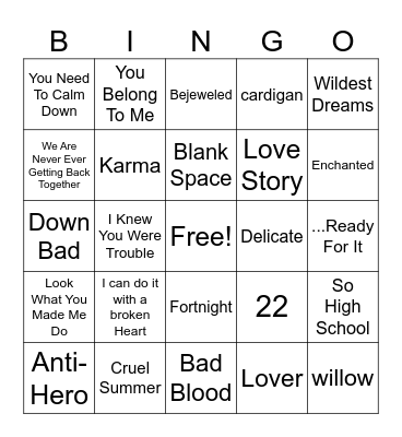 Taylor Swift Bingo Card