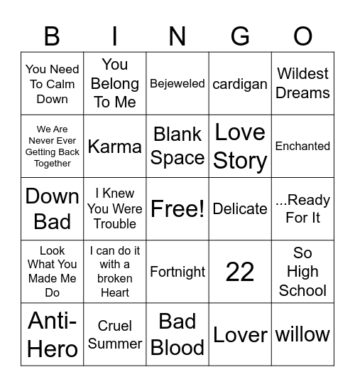 Taylor Swift Bingo Card