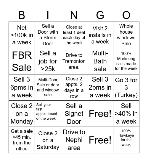 Sales Bingo SLC Bingo Card