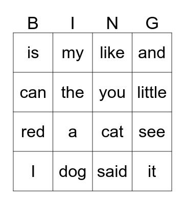 Sight Words K Bingo Card