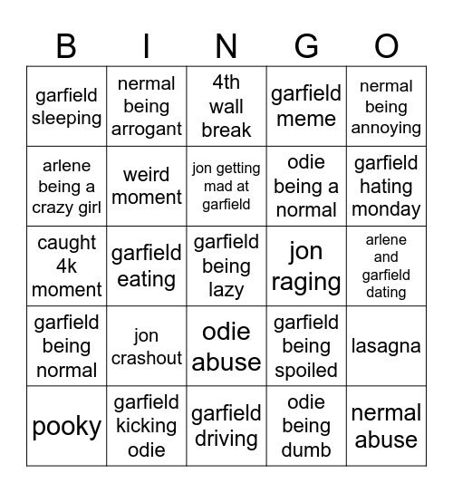 garfield Bingo Card