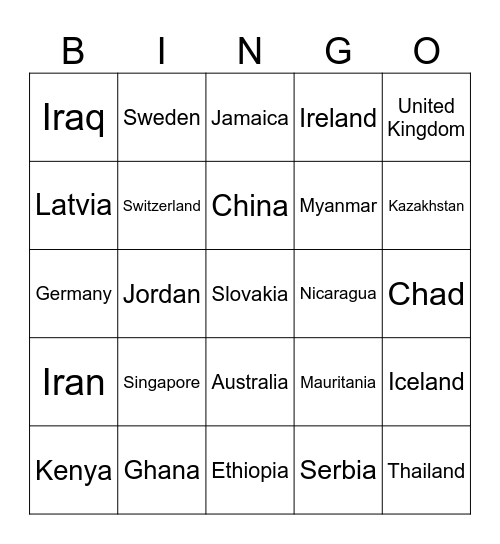 COUNTRIES OF THE WORLD Bingo Card