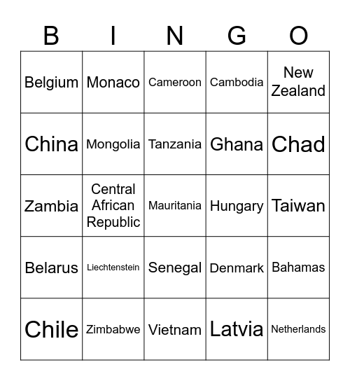 COUNTRIES OF THE WORLD Bingo Card
