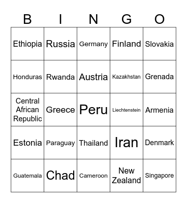COUNTRIES OF THE WORLD Bingo Card