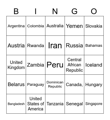 COUNTRIES OF THE WORLD Bingo Card