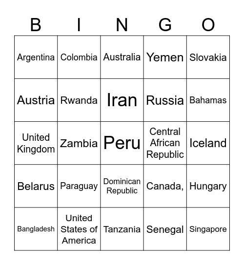 COUNTRIES OF THE WORLD Bingo Card