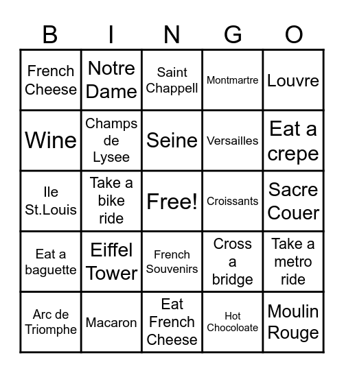Paris Bingo Card