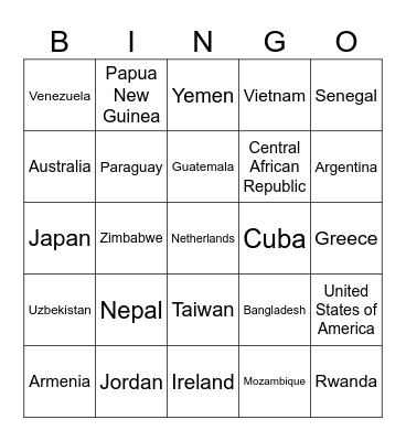 COUNTRIES OF THE WORLD Bingo Card
