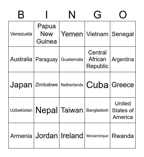 COUNTRIES OF THE WORLD Bingo Card