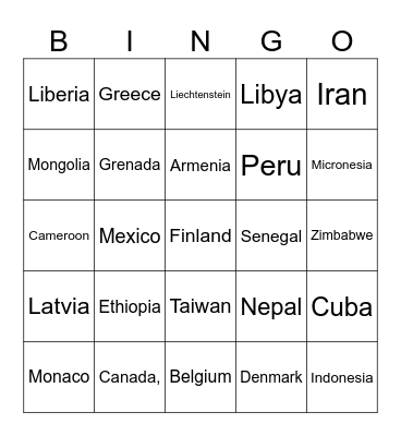 COUNTRIES OF THE WORLD Bingo Card