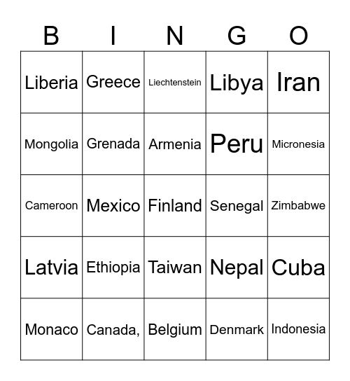 COUNTRIES OF THE WORLD Bingo Card