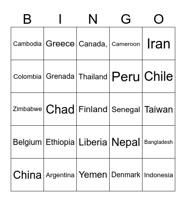 COUNTRIES OF THE WORLD Bingo Card