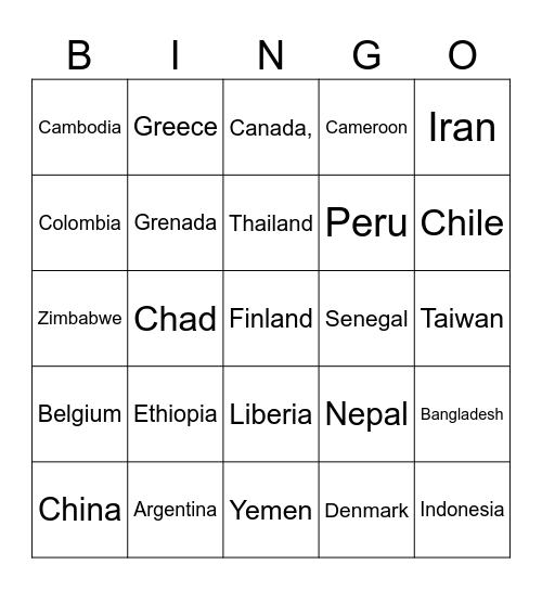 COUNTRIES OF THE WORLD Bingo Card