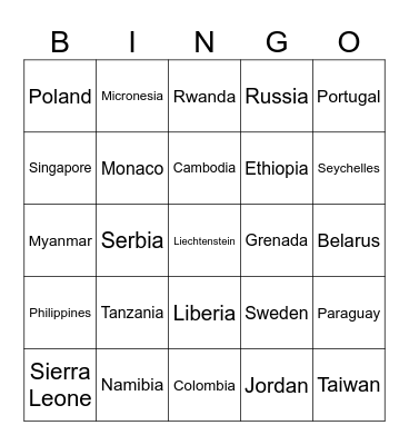 COUNTRIES OF THE WORLD Bingo Card