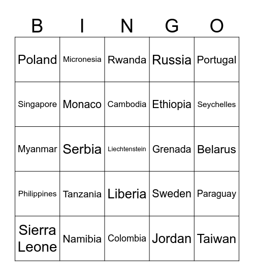 COUNTRIES OF THE WORLD Bingo Card