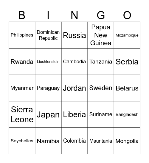 COUNTRIES OF THE WORLD Bingo Card