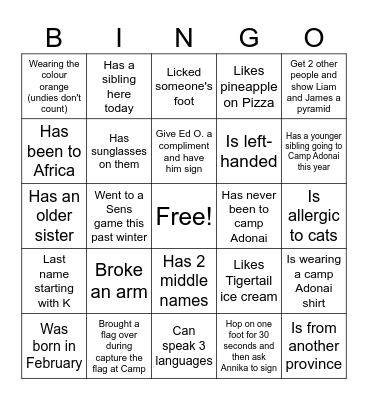 Camp Training 2025G Bingo Card