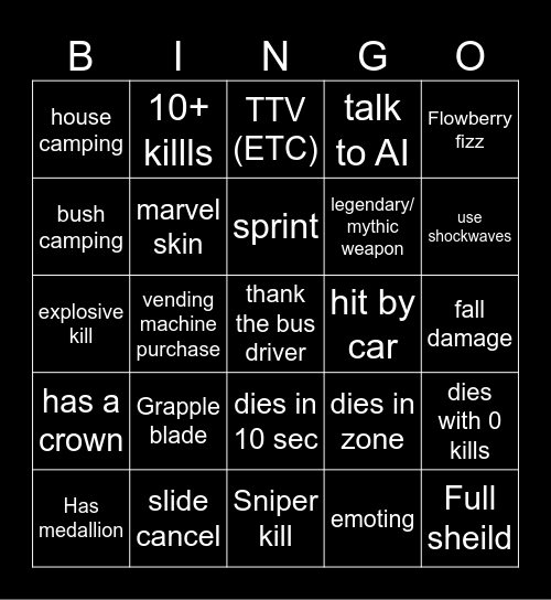 Fortnite Bingo Card