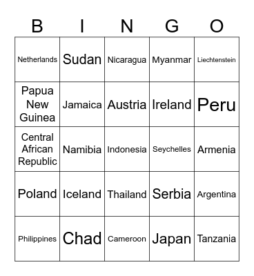 COUNTRIES OF THE WORLD Bingo Card