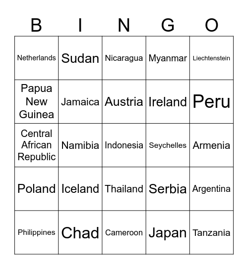 COUNTRIES OF THE WORLD Bingo Card