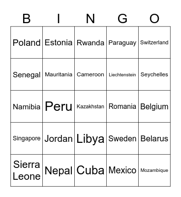 COUNTRIES OF THE WORLD Bingo Card